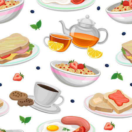 Breakfast food seamless pattern. Fresh and nutritious morning food background, wallpaper, cover, textile design vector illustrationのイラスト素材