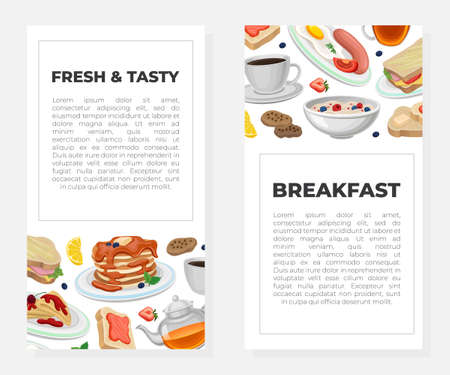 Fresh and tasty breakfast card templates set. Fresh and nutritious morning meal flyer with space for text. Cafe or restaurant food menu design vector illustrationのイラスト素材