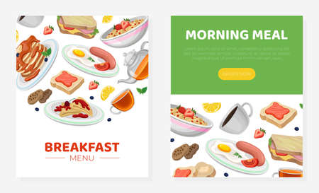 Breakfast menu web banner. Fresh and nutritious morning meal landing page, mobile application. Delivery and catering service vector illustrationのイラスト素材