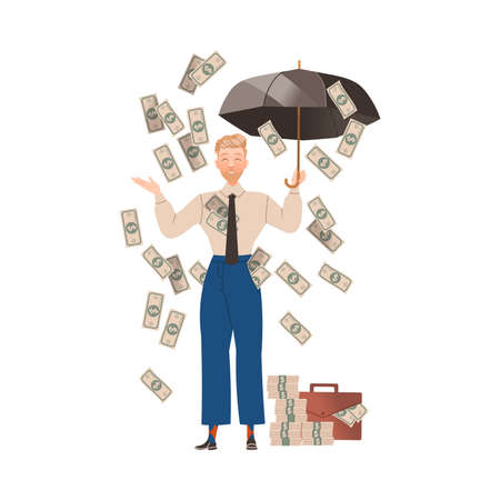 Successful businessman with umbrella standing under the rain of money vector illustrationのイラスト素材