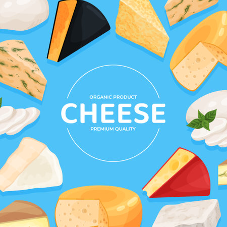 Cheese banner with various types of cheese. Natural organic dairy products poster, card, menu design vector illustrationのイラスト素材