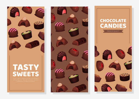 Tasty chocolate candies vertical banners set. Sweet dessert packaging, advertising, label, menu vector illustrationのイラスト素材