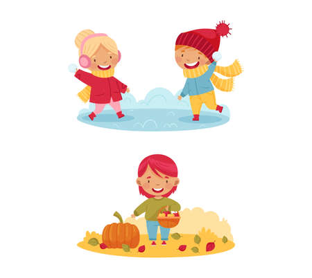 Outdoor seasonal activities set. Cute kids skating on rink and picking mushrooms vector illustrationのイラスト素材