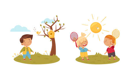Outdoor seasonal activities set. Cute kids playing badminton and walking in park at spring vector illustrationのイラスト素材