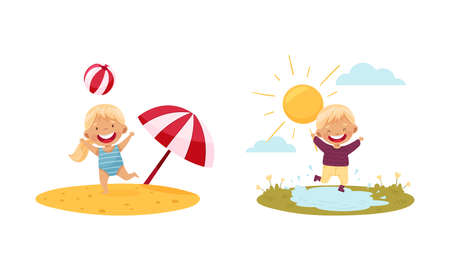 Outdoor seasonal activities set. Cute kids having fun on the beach and walking on puddles vector illustrationのイラスト素材