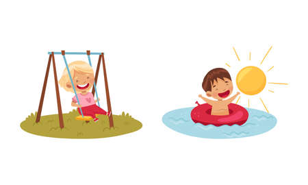 Outdoor seasonal activities set. Cute kids swinging and swimming enjoying summer season vector illustrationのイラスト素材
