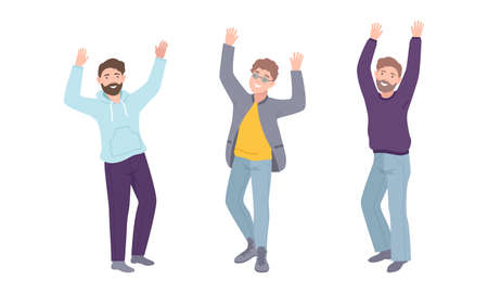 Young cheerful men standing with their hands raised set vector illustrationのイラスト素材