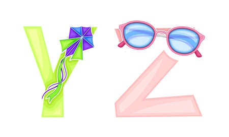 Y,Z letters of English alphabet with kite and sunglasses vector illustrationのイラスト素材