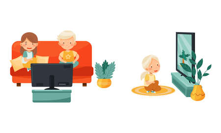 Cute preschool kids sitting on floor and sofa and watching TV, child leisure concept vector illustrationのイラスト素材