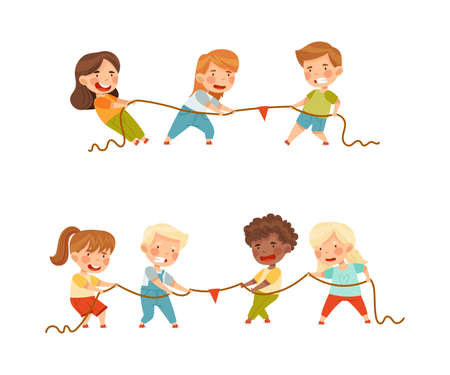Cute boys and girls pulling rope set. Tug of war competition between children teams vector illustrationのイラスト素材