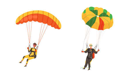 Skydivers flying with parachute set. Extreme sport and leisure activity vector illustrationのイラスト素材