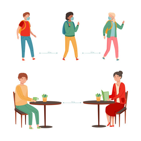 Social distance in public places set. People wearing mask to prevent spread  infection vector illustrationのイラスト素材