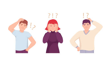 Man and woman thinking with question marks over their heads set. Doubting man and woman thinking about problems vector illustrationのイラスト素材
