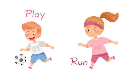 Play and run English action verbs for kids education set. Children doing daily routine activities vector illustrationのイラスト素材