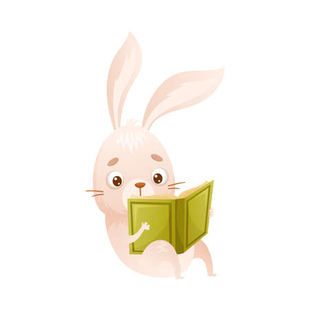 Cute rabbit reading book. Smart baby animal sitting and studying with book cartoon vector illustrationのイラスト素材