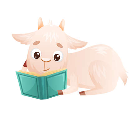 Cute goatling reading book. Smart baby animal sitting and studying with book cartoon vector illustrationのイラスト素材