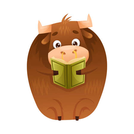 Cute buffalo reading book. Smart baby animal sitting and studying with book cartoon vector illustrationのイラスト素材
