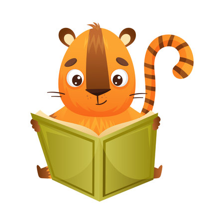 Cute chipmunk reading book. Smart baby animal sitting and studying with book cartoon vector illustrationのイラスト素材