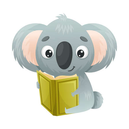Cute koala reading book. Smart baby animal sitting and studying with book cartoon vector illustrationのイラスト素材