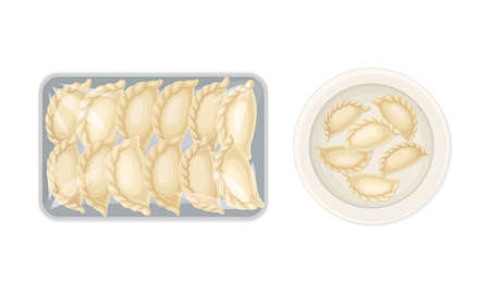 Set of uncooked dumplings on plates. Vareniki made of dough stuffed with meat or vegetables vector illustrationのイラスト素材