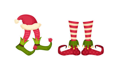 Christmas elf feet set. Shoes for gnome or leprechaun legs. Xmas holiday decor elements vector illustrationのイラスト素材