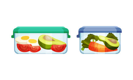 Glass transparent containers with different products set. Fresh fruit, vegetables in container vector illustrationのイラスト素材