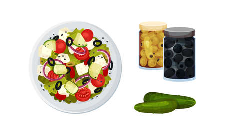 Greek salad served on plate. Olives in jars and cucumber cooking ingredients vector illustrationのイラスト素材