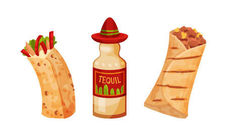 Mexican traditional food set. Burritos and bottle of tequila vector illustrationのイラスト素材