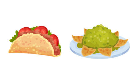 Mexican traditional food set. Taco and guacamole vector illustrationのイラスト素材