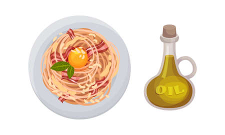 Pasta with bacon and egg sauce. Jug of olive oil, ingredient for pasta cooking vector illustrationのイラスト素材
