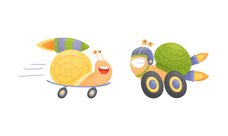 Funny fast snails set. Happy mollusk characters riding on wheels and skateboard vector illustrationのイラスト素材