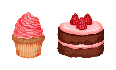 Delicious desserts set. Sweet cupcake and piece of cake vector illustration