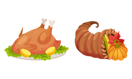 Thanksgiving day symbols set. Cornucopia and roasted turkey vector illustrationのイラスト素材