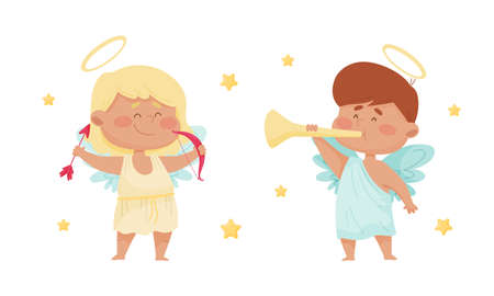 Cute baby angels with nimbus and wings. Lovely angelic little children with trumpet and bow vector illustrationのイラスト素材
