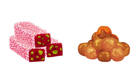 Oriental cuisine deserts set. Turkish delights traditional sweets vector illustrationのイラスト素材