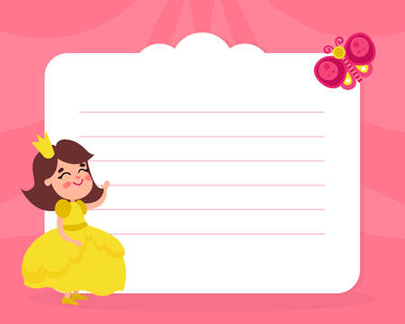 Lined Card with Smiling Girl Princess Wearing Crown and Dressy Look Garment Waving Hand Vector Templateのイラスト素材