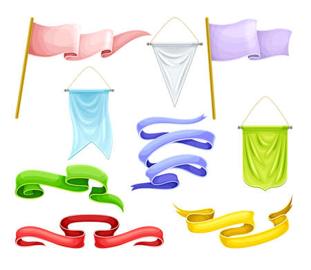 Fabric flags, pennants, ribbons set. Blank advertising banners of different colors vector illustrationのイラスト素材