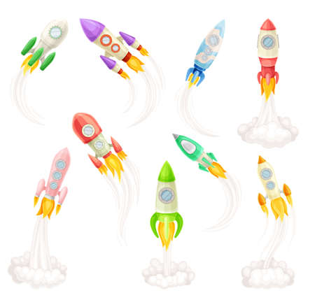 Rocket as Spacecraft with Engine Exhaust Launching and Flying in Space Vector Setのイラスト素材