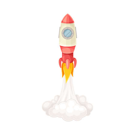Red Rocket as Spacecraft with Engine Exhaust Launching in Space Vector Illustrationのイラスト素材