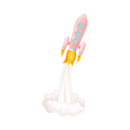 Pink Rocket as Spacecraft with Engine Exhaust Launching in Space Vector Illustrationのイラスト素材