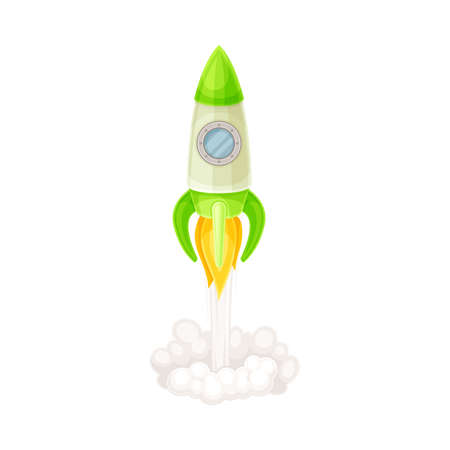 Green Rocket as Spacecraft with Engine Exhaust Launching in Space Vector Illustrationのイラスト素材