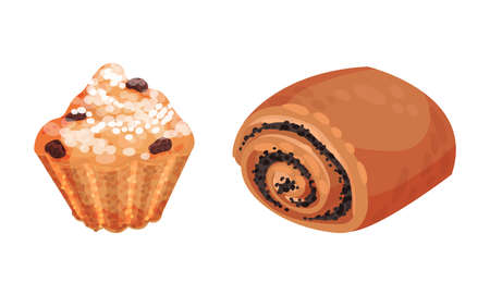 Pastry products for bakery menu set. Raisin cupcake and poppy seed bun, delicious bakery assortment vector illustrationのイラスト素材
