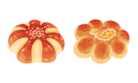 Pastry products for bakery menu set. Sweet buns with sesame seeds, delicious bakery assortment...