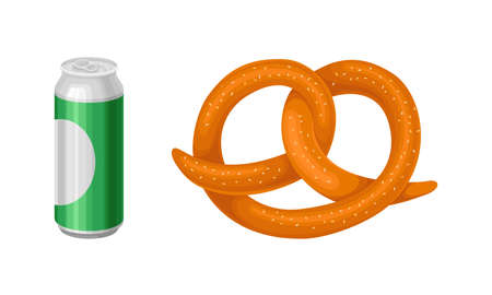 Beer can and pretzel. Oktoberfest festival symbols vector illustrationのイラスト素材