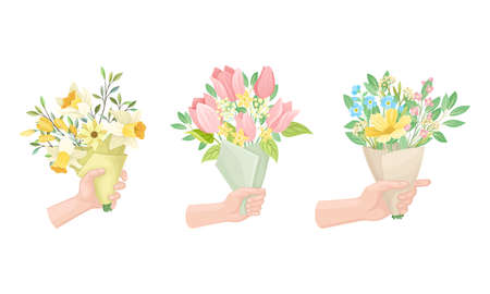 Hands holding bouquet of beautiful delicate wildflowers set vector illustrationのイラスト素材