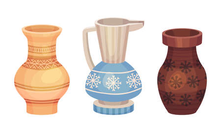 Clay kitchenware assortment set. Vintage ceramic vases vector illustrationのイラスト素材