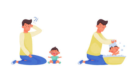 Daddy caring for his little son set. Father soothing and playing with the baby vector illustrationのイラスト素材