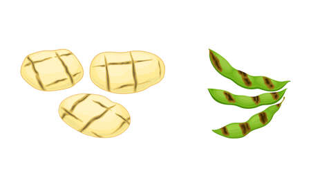 Grilled Potato and Green Pea Pod as Cooked Food Vector Setのイラスト素材