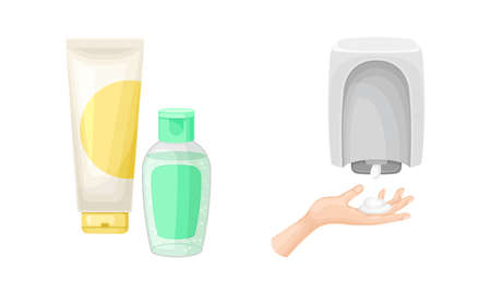 Hand Washing and Cleansing Using Soap Dispenser and Sanitizer in Bottle Vector Setのイラスト素材