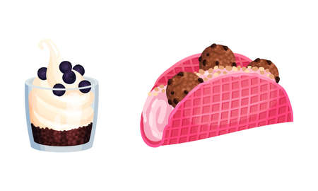 Frozen Dessert with Sweet Flavor and Cream in Glass Jar and Waffle Vector Setのイラスト素材